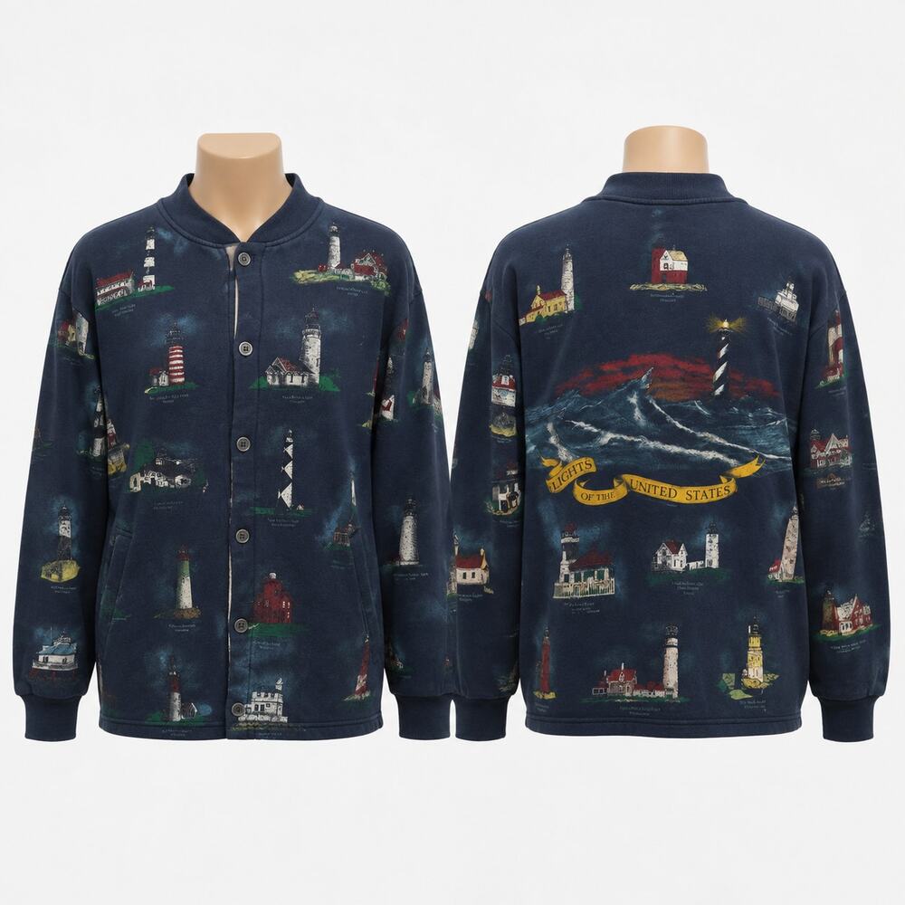 Vintage AU Art Unlimited Lighthouse Print Cardigan Men's Large Made USA